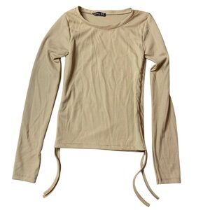 Hostess Tan Ribbed Long Sleeve Top with Side Ties - Size M